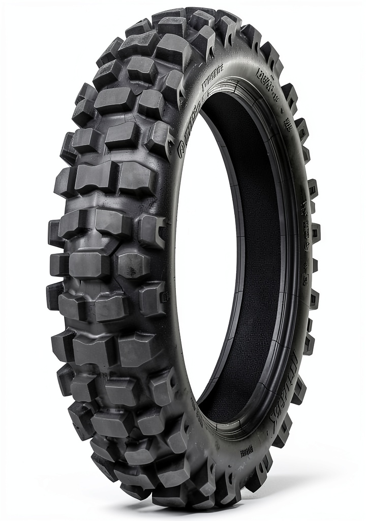 TUSK off‑road tire mounted on a dual‑purpose motorcycle in a forest trail