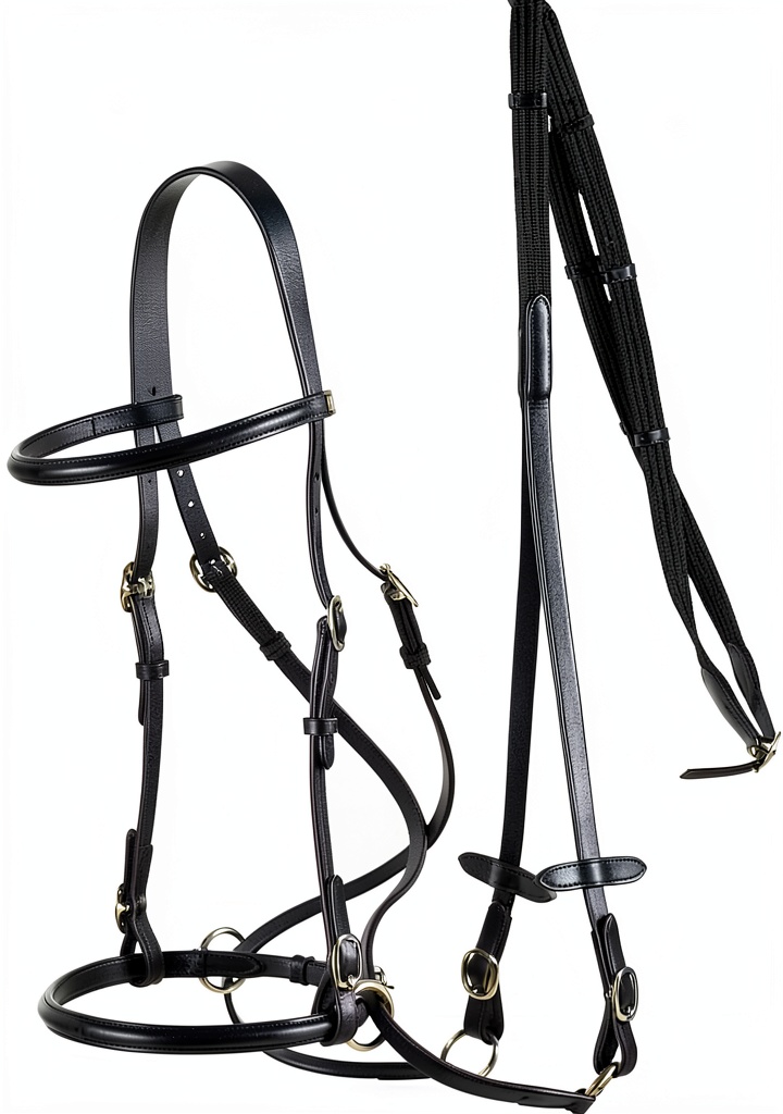 Installing HORZE Leather Bitless Bridle for Horse on a wooden stable bench