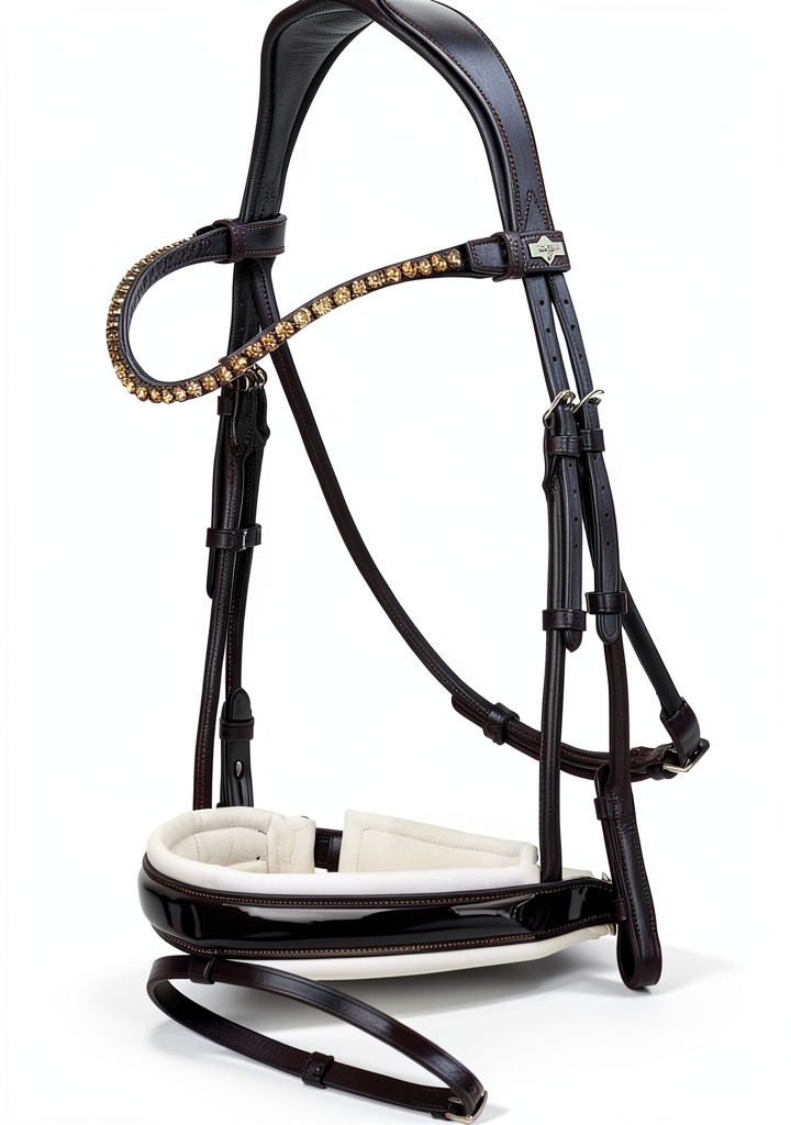 LeMieux Kudos Dressage Bridle fitted on a horse in a dressage arena