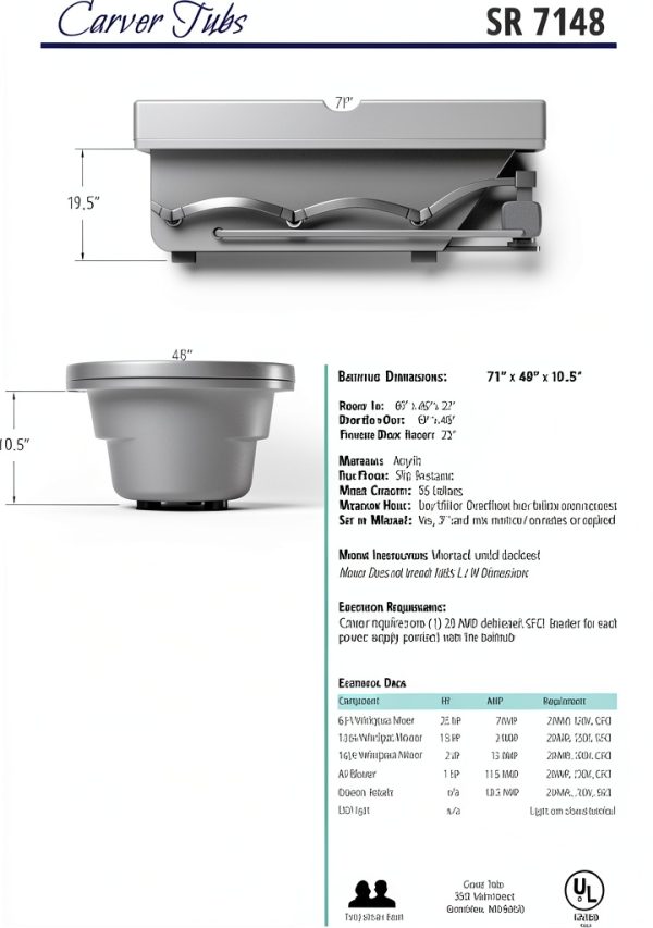 Carver Tubs Modern Acrylic Fiberglass Soaking Bathtub SR7148 White 71L-6