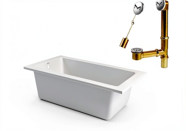 Fine Fixtures Drop In White Soaking Bathtub, Fiberglass Acrylic Material, Exclusive Small sized 54"L x 30"W x 19"H. - Brass Trip Lever Included-6