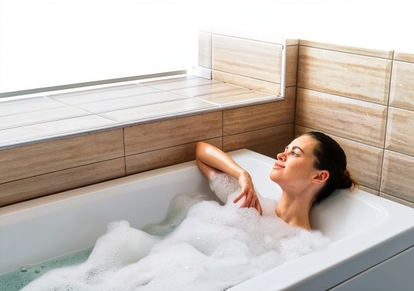 Fine Fixtures Drop In White Soaking Bathtub, Fiberglass Acrylic Material, Exclusive Small sized 54"L x 30"W x 19"H. - Brass Trip Lever Included-4